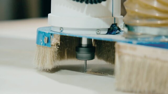 Close up of CNC machine carving wood with precision using a rotating drill bit in a workshop