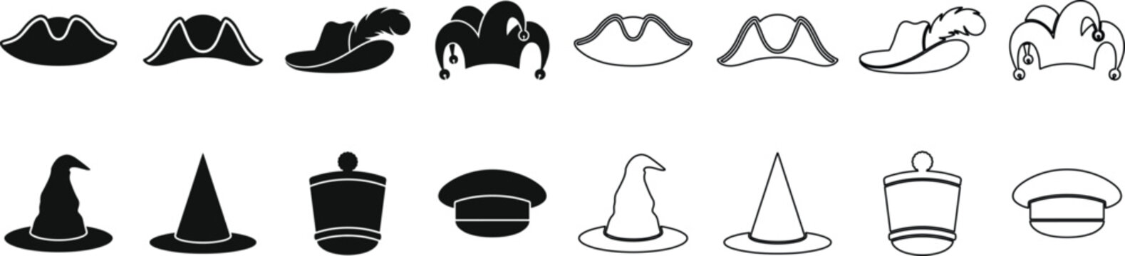 Set of vintage historical hats and caps silhouettes and outline icons including pirate hat jester hat witch hat and officer cap vector illustration