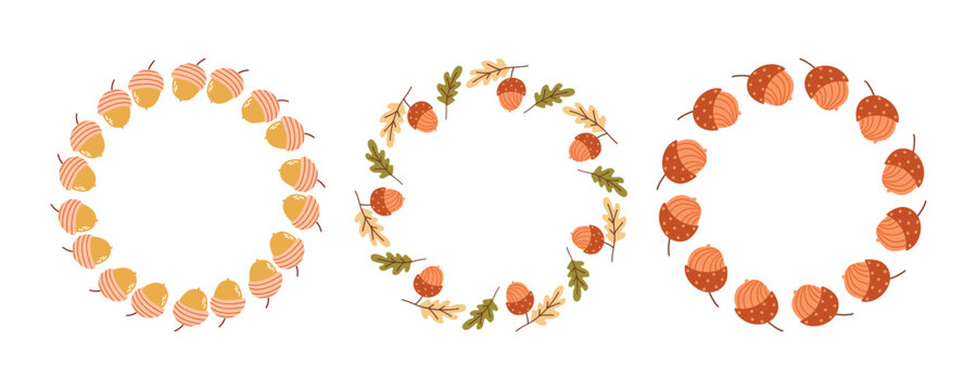 Autumn acorn wreath frame set, cute fall vector round frames with acorns and oak leaves isolated on white background