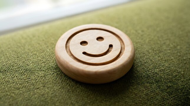 Close up of a single wooden disc featuring an engraved smiley face icon on a soft green background happiness positive
