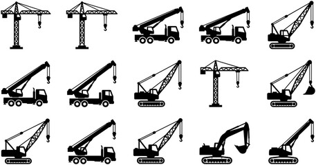 Collection of construction cranes and heavy machinery silhouette icons. © agus