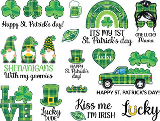 Obraz premium St Patricks Day Plaid Lettering Set with Shamrock Gnomes Rainbow Lucky Truck and Kiss Me Im Irish Vector Illustration Collection