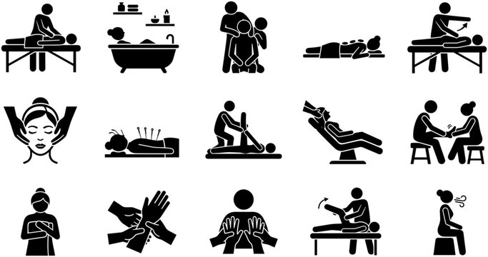 Set of massage therapy and wellness procedure icons.