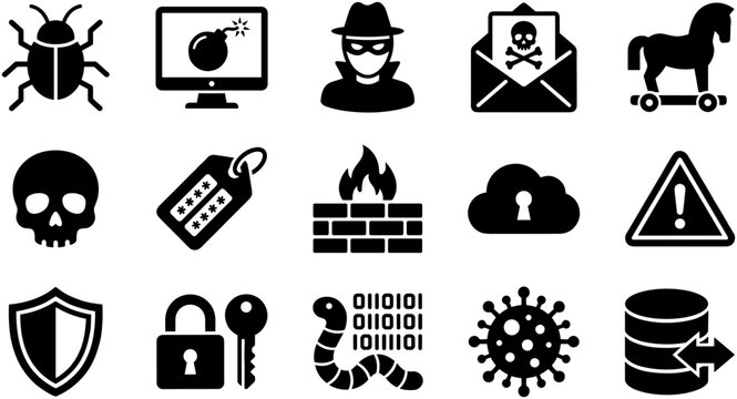 Set of cybersecurity and computer threat vector icons.