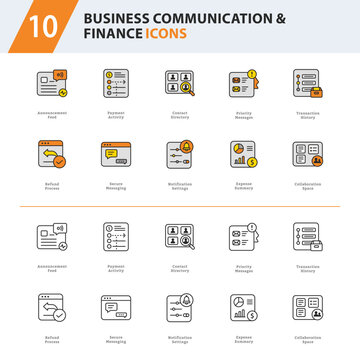 Business Communication and Finance Outline Line Icons for Collaboration, Payments and Enterprise Workspace