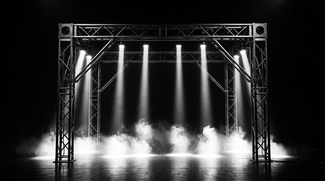 Stage truss structure with bright spotlight beams and haze on dark performance background