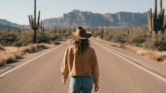 A woman wearing a hat and jacket walks down a long road through a desert landscape with many tall green cactus plants under a bright clear sky