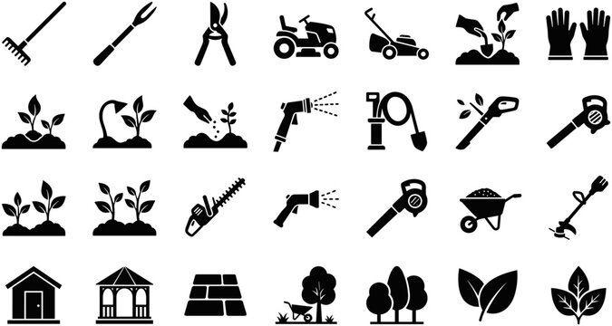 Set of Gardening and Landscaping Equipment Icons.