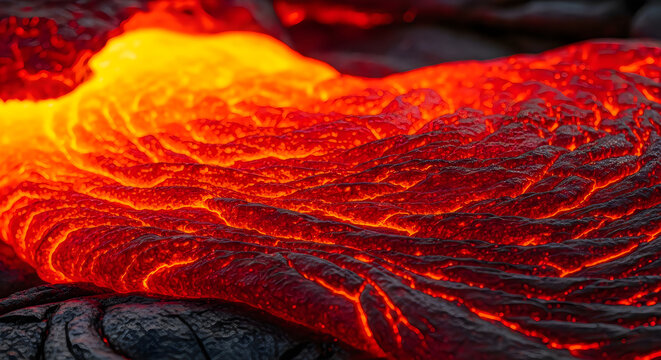 A close up view of glowing molten lava flowing over dark volcanic rock during a volcanic eruption event