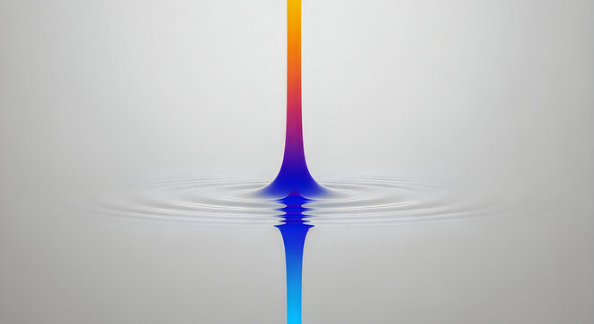 A vibrant stream of multicolored liquid falling into a pool creating a beautiful ripple effect on a grey background