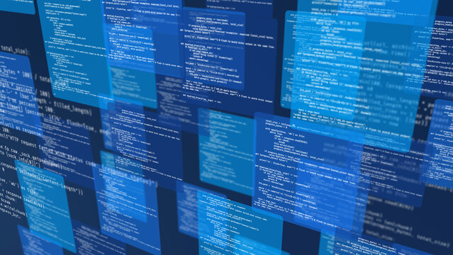 Abstract programming code on digital monitor with cybersecurity interface, software development, binary data, encryption and cloud computing technology background