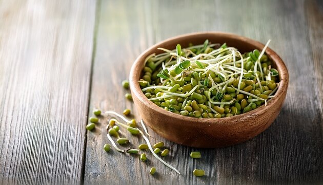 Fresh Mung Bean Sprouts In Wooden Bowl