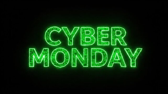 Cyber Monday glowing green text with circuit board pattern