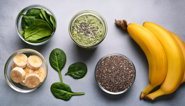 Flat Lay Of Nutritious Smoothie Ingredients With Banana Spinach And Chia Seeds