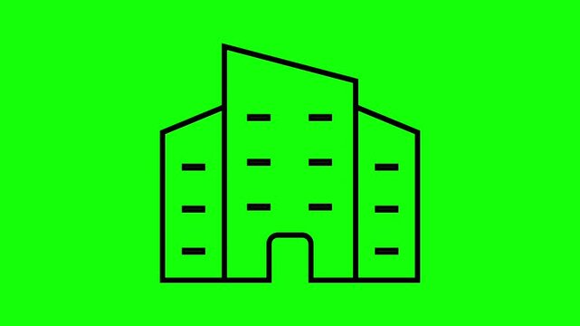 Animated Corporate Building Line Icon, Real Estate and Office Concept, Black Outline Edifice on Green Screen Background