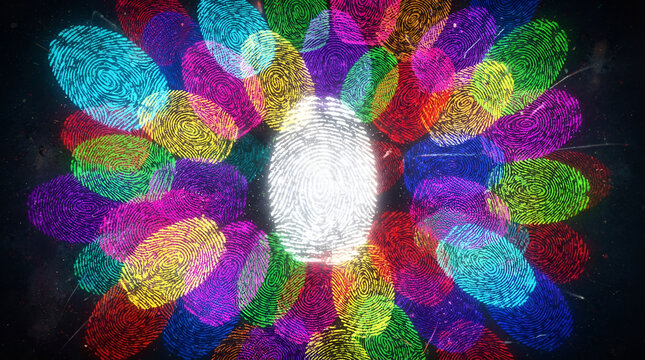 Rainbow Fingerprints Mandala A vibrant mandala formed by colorful overlapping fingerprints radiates from a bright white fingerprint at its center symbolizing uniqueness and individuality