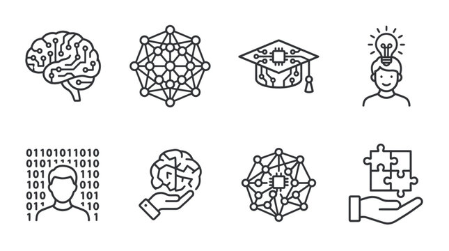 Set of AI and technology icons brain network graduation cap idea binary code 