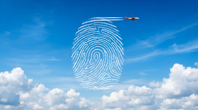 Fingerprint in the Sky A unique digital fingerprint formed by clouds floats high in the sky with a jet plane leaving a contrail symbolizing innovation identity and global reach