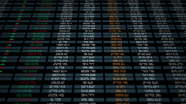 Ticker display. table grid Stock exchange screen number with financial trade index rates, finance fund stocks price increase and decrease charts arrow up and down
