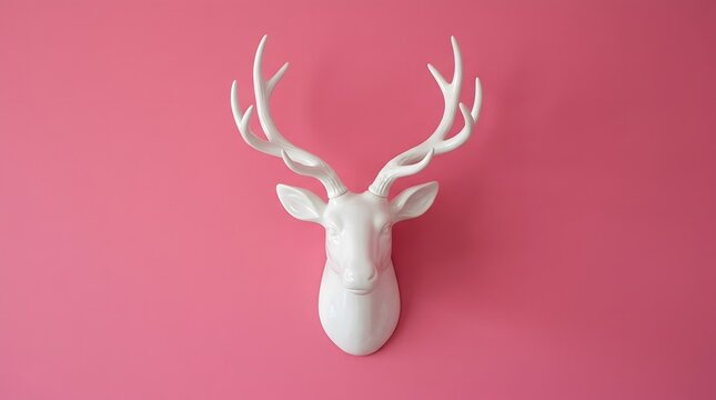 White ceramic deer head wall mount on vibrant pink background