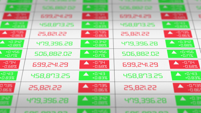 White table stock prices arrow plus and minus, numbers of data price moving plus and minus financial stock economy market screen display investment trading real time