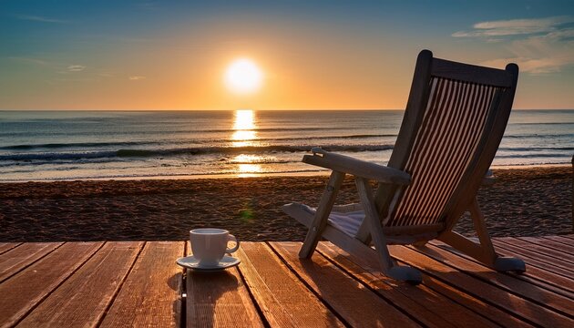 Coffee Cup Rests On A Wooden Surface Beside A Beach Chair The Sun Rises Casting Soft Light Over The Ocean And Creating A Warm Seaside Atmosphere