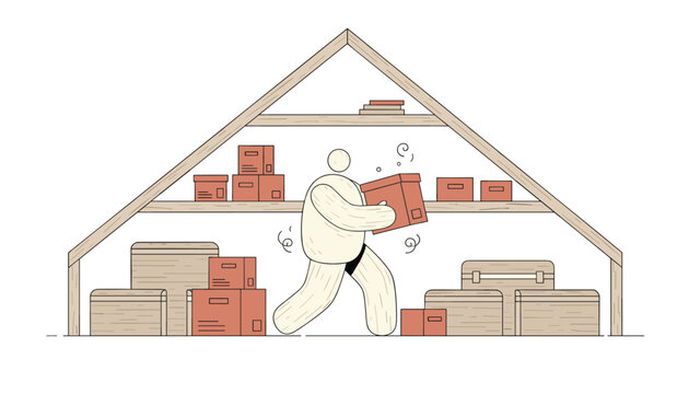 Worker carrying a cardboard box in a dusty attic filled with stacked wooden crates and storage shelves.
