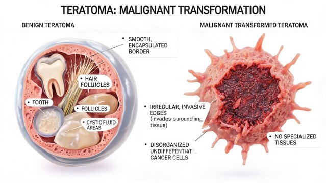 White background annotated 3D medical illustration comparing benign mature teratoma and malignant transformed teratoma, showing encapsulated benign tumor with tooth and hair versus invasive undifferen