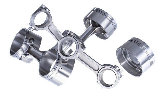 Collection of three piston and connecting rod assemblies isolated on white background p n g a i generated