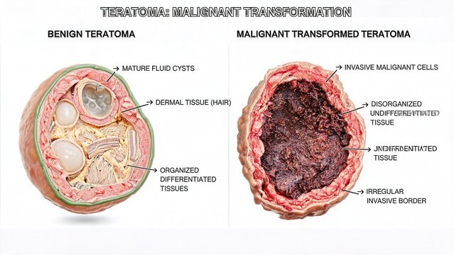 Plain white background labeled 3D anatomical render of teratoma malignant transformation, side-by-side comparison of benign mature teratoma with organized differentiated tissues and invasive malignant