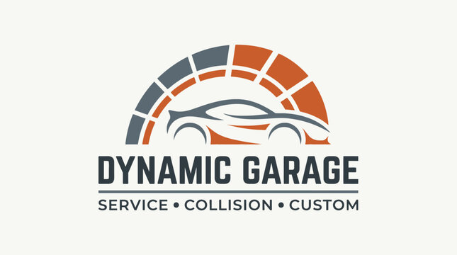 Automotive Service Center Logo with Dynamic Sports Car and Speedometer Gauge Design