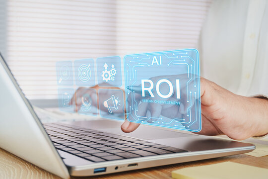 Business professional analyzing AI-powered return on investment dashboard with marketing performance metrics, business intelligence, financial analytics, strategic planning, ROI optimization interface