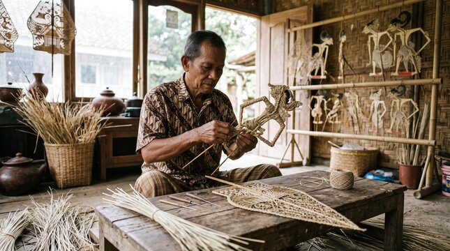 Indonesian craftsman carefully carving traditional wayang kulit shadow puppet from bamboo in his workshop.