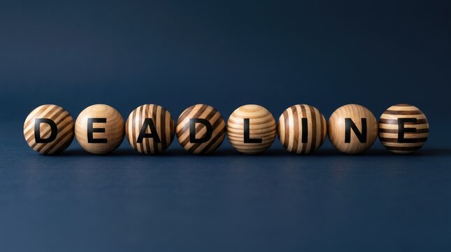 Wooden sphere letters spelling urgency and time management concept against dark background with emphasizing sense pressure focus deadline arranged horizontal