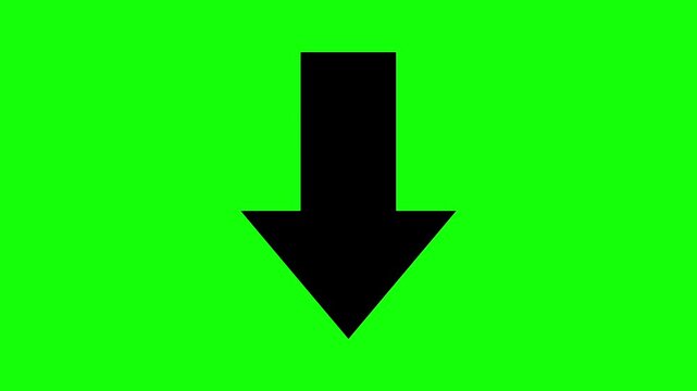 Animated Down Arrow Icon, Download and Direction Concept, Black Silhouette on Green Screen Background