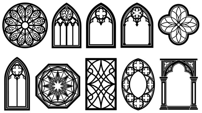 Set of gothic window frames and architectural tracery elements, black outline silhouette illustrations for church, cathedral, restoration, masonry