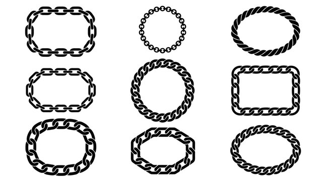 Set of black chain frames in various geometric shapes, rustic link border elements, vintage outline ornament for labels, tags, decorative projects