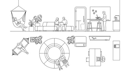 Obraz premium Minimal cad vector illustration featuring architectural symbols, engineering diagrams, technical drafting elements, machine parts, construction
