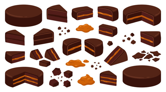 Collection of chocolate cake illustrations, layers, slices, crumbs and filling, dessert menu elements for food industry, sweet bakery shop decoration