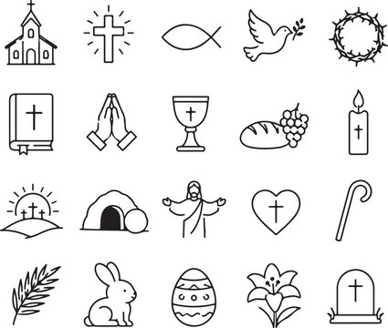 Set of hand drawn Christian religious icons and Easter symbols