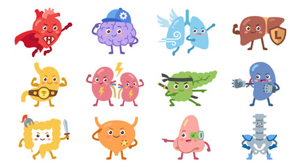 Obraz premium Set of human organ characters in heroic poses, anatomy mascots featuring heart, brain, lungs, liver, stomach, kidneys, spleen, intestine, bladder
