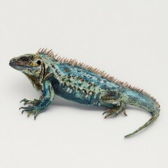 Fototapeta premium Detailed Illustration Of A Blue And Teal Iguana With Spiky Scales On A Light Neutral Background