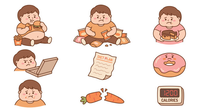 Set of overweight people eating unhealthy fast food snacks, digital scale, and healthy carrot icons, lifestyle habits, sedentary behavior, diet