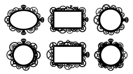 Fototapeta premium Set of decorative steampunk style frames with intricate mechanical gears, cogwheels, industrial victorian elements, vintage border collection for