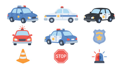 Naklejka premium set of law enforcement transport icons with patrol cars, badge, traffic cone, stop sign, and siren for emergency safety and security system design