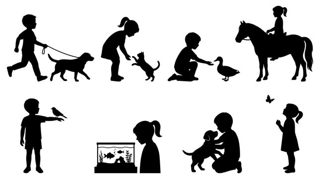 Set of silhouettes showing children interacting with various animals, dog, cat, duck, horse, bird, fish, friendship, pet care, childhood play