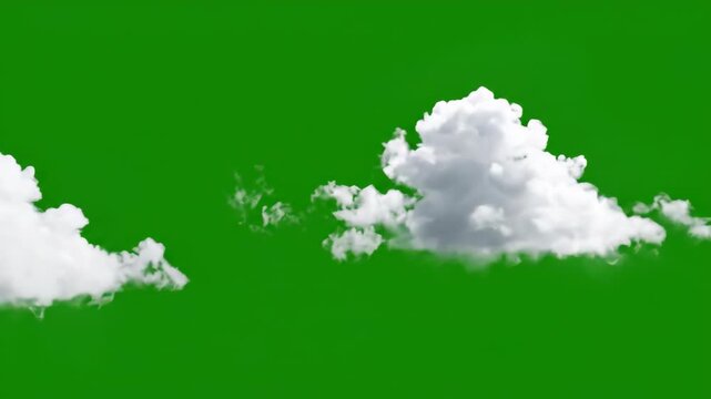 Fluffy clouds floating against a chroma key green background, ready for compositing and creative use.