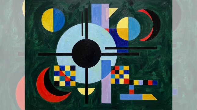 Abstract Geometric Art Painting with Colorful Shapes Circles and Lines on Dark Green Textured Background