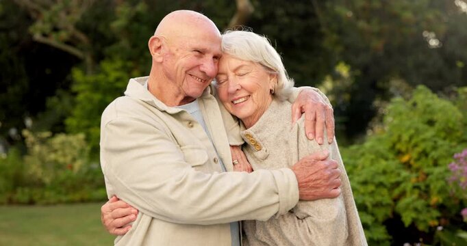 Happy, hug or old couple in garden with care, bonding together or connection for retirement wellness. Married, elderly people and relax outdoor in backyard with love, embrace or romantic relationship
