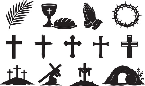 Set of black christian religious symbols and icons on white background